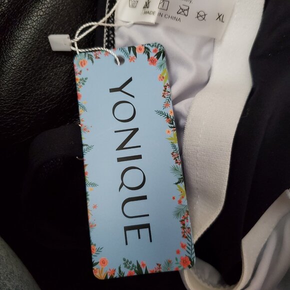 Yonique Twist Front V Neck Tummy Control Swim Top Size XL Black & White Striped - Picture 3 of 13